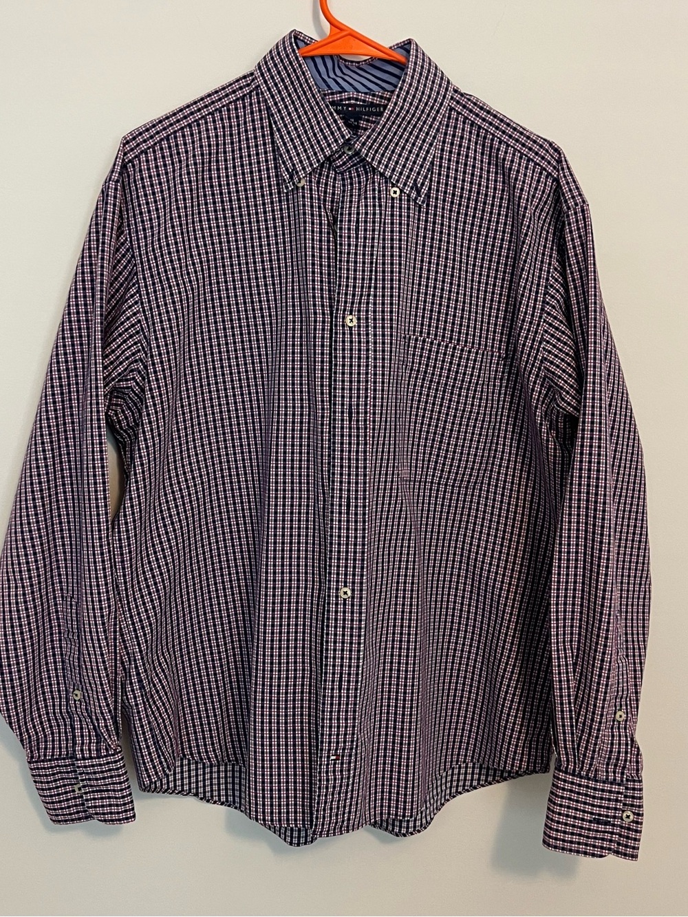 Tommy Hilfiger Men's Check Button Down Shirt L 16 34-35 100% Cotton Plaid Dress